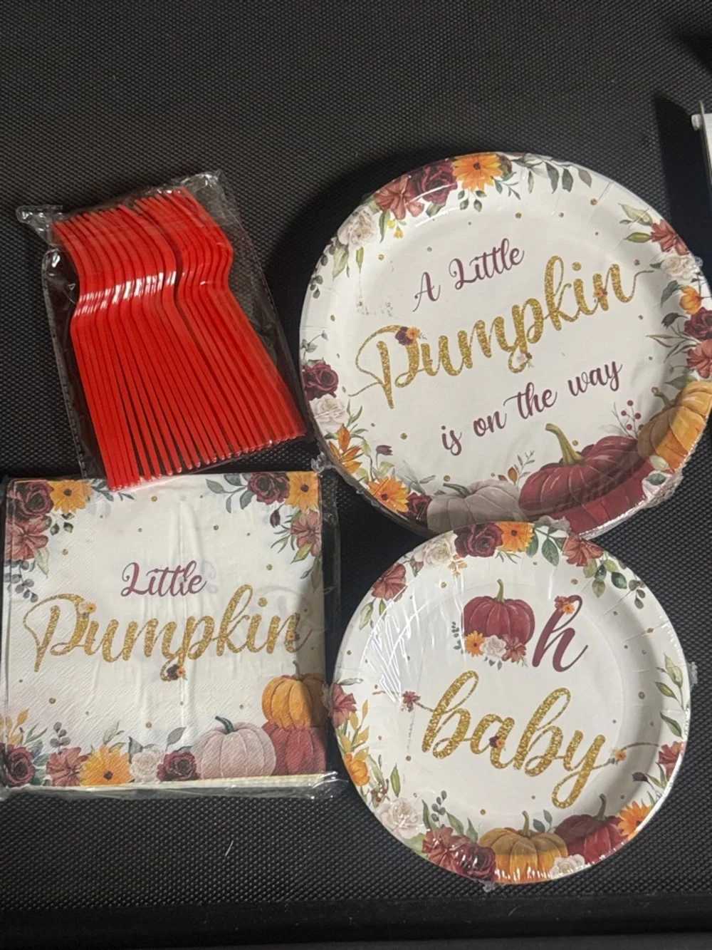 Little Pumpkin' Party Plate & Napkin Set - White with Gold Script